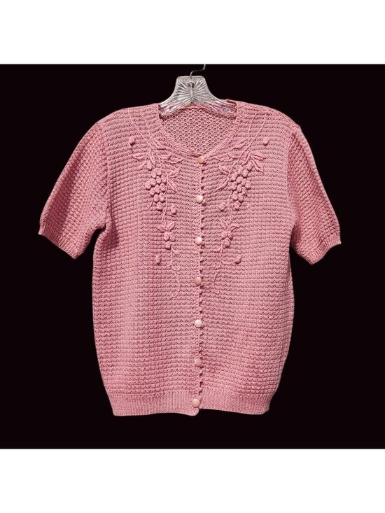 Sweaters - Vintage 70s Japanese Pastel Pink Lace Knit Floral Cardigan Top M Sakura Flowers